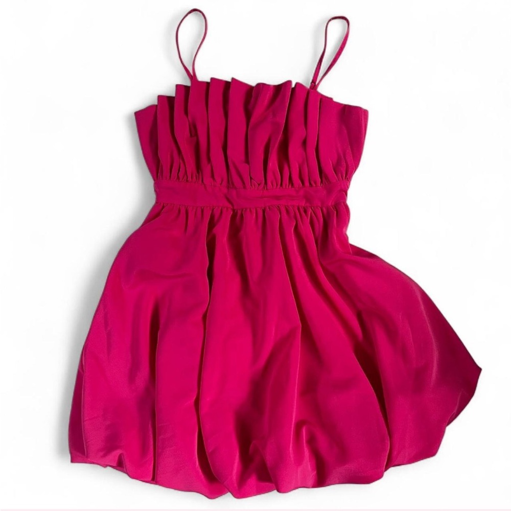 Hot Pink Bubble Hem Mini Dress – Strapless Ruched Bodice Cocktail Party